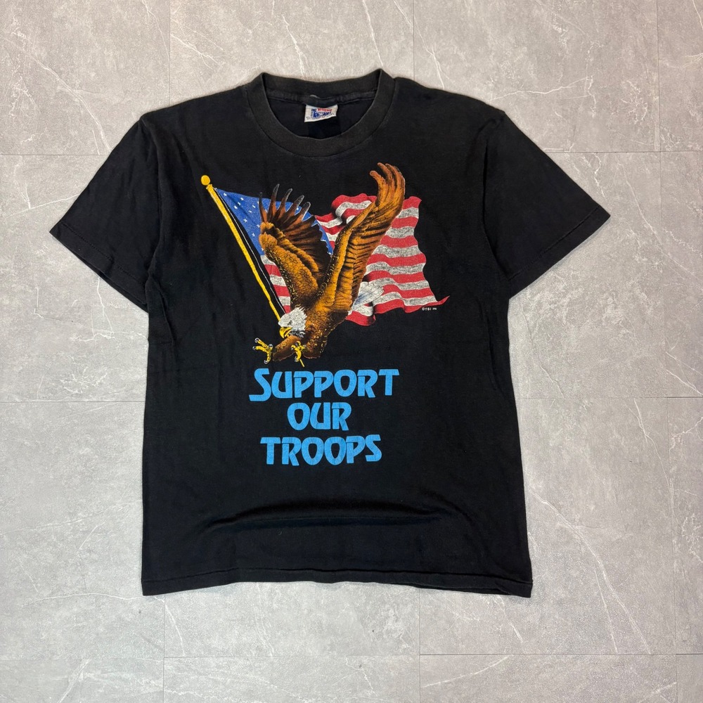 Vintage 1991 Support Our Troops Eagle TShirt Black Medium USA Made Single Stitch